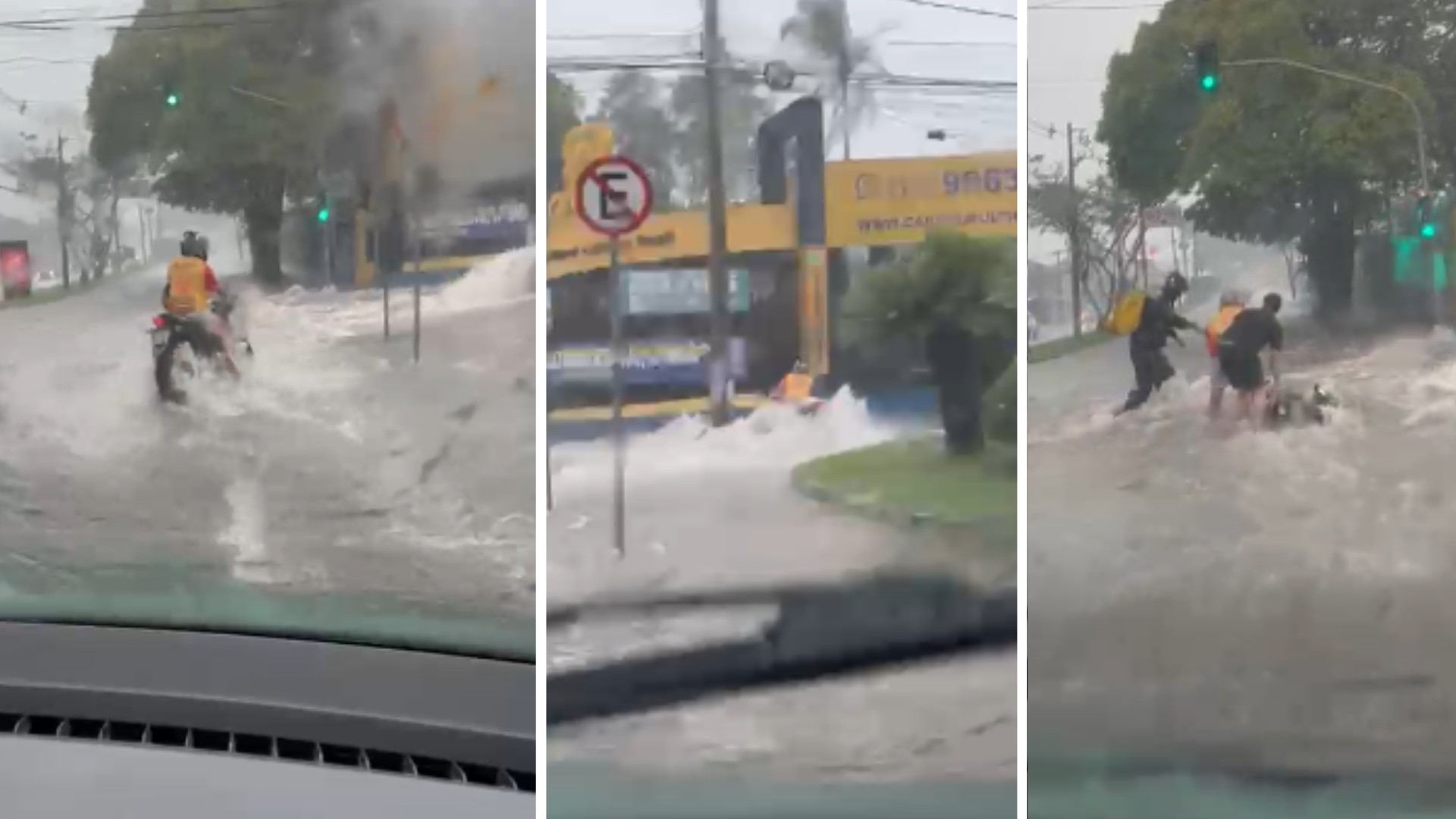 VÍDEO: motociclista enfrenta enxurrada, é derrubado e tem moto arrastada em Sorocaba