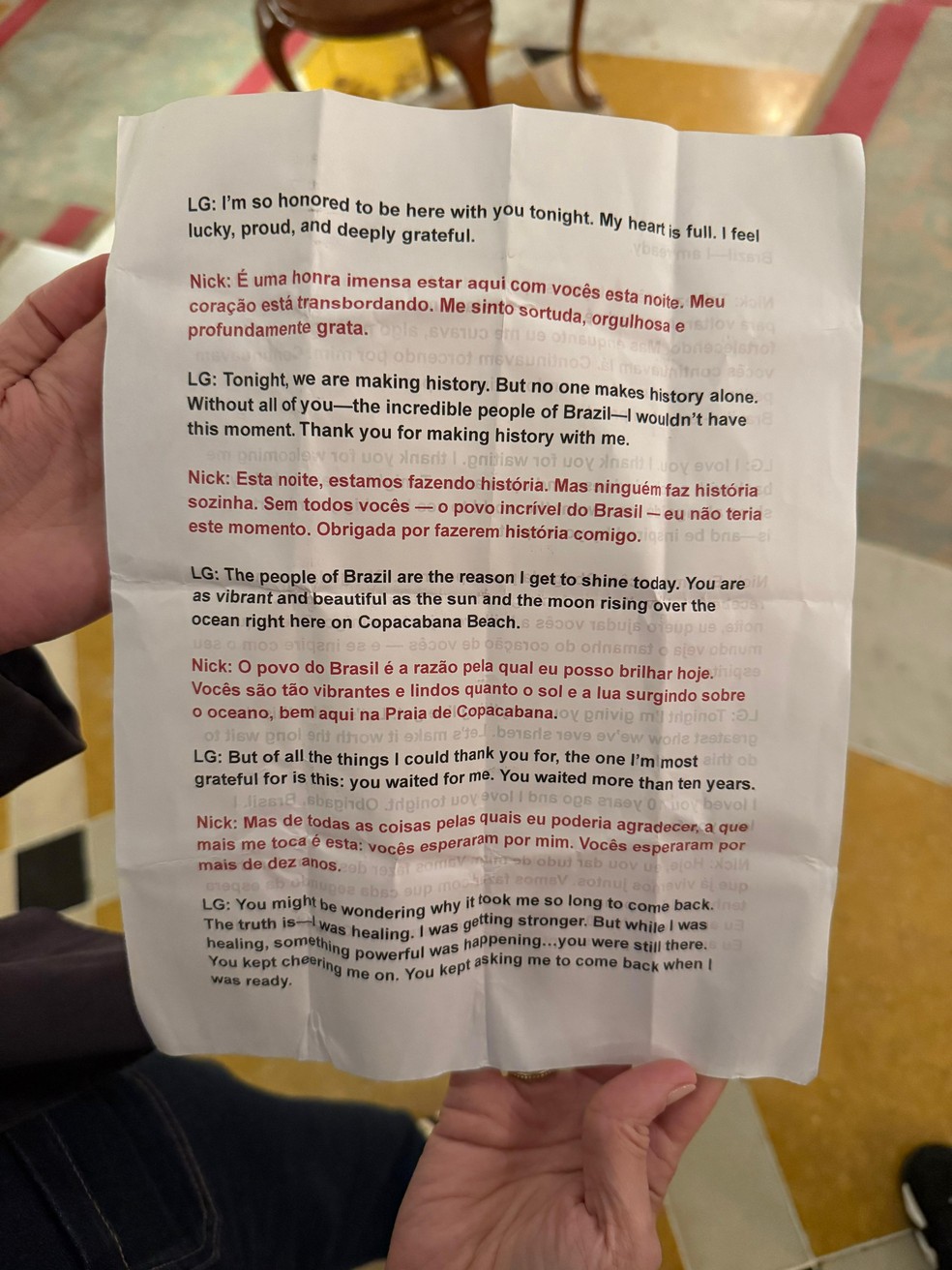 Impressão do discurso lido por Lady Gaga — Foto: Reprodução
