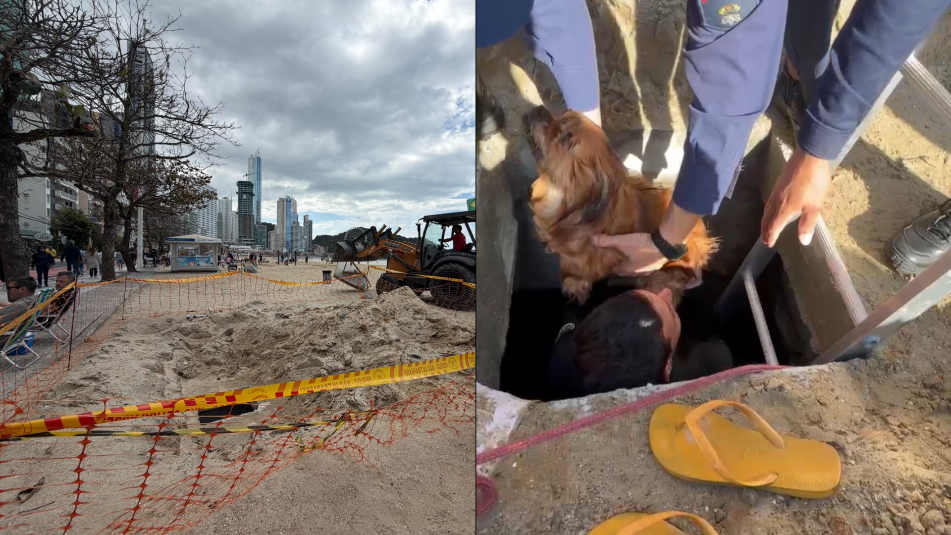 VÍDEO: cachorro cai na galeria de macrodrenagem da praia alargada de Balneário Camboriú e resgate mobiliza bombeiros