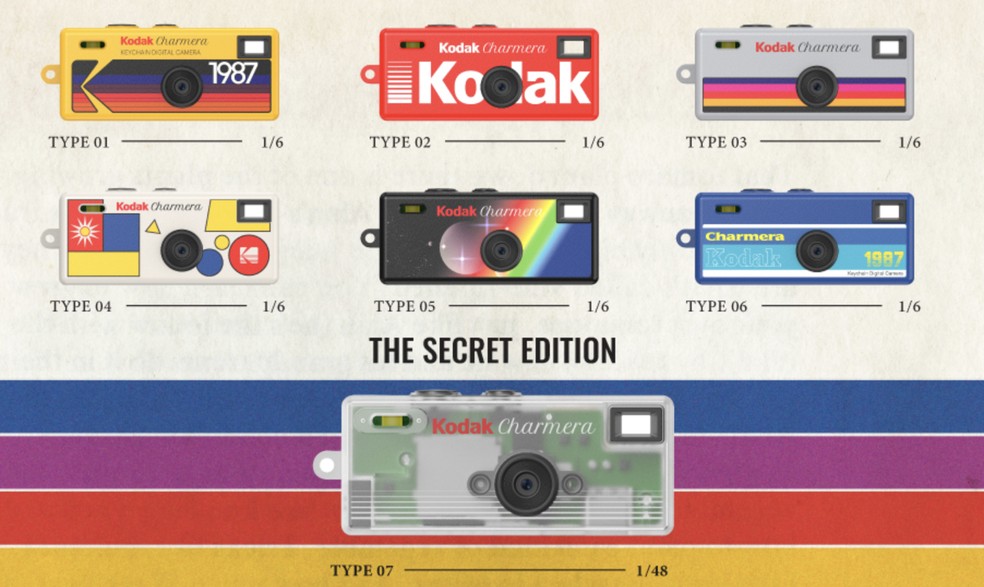 Opções de cores da câmera Kodak Charmera, incluindo a edição secreta transparente — Foto: Reprodução