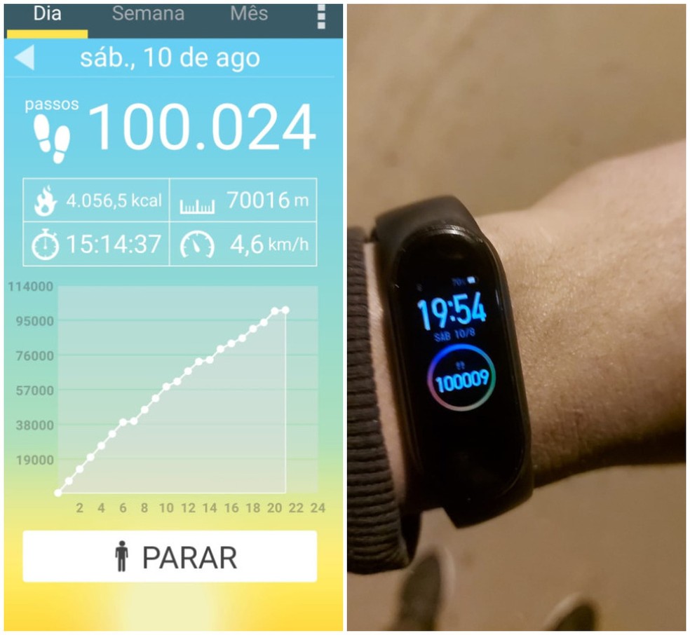 Passos foram contabilizados no relógio e também no aplicativo — Foto: Arquivo pessoal