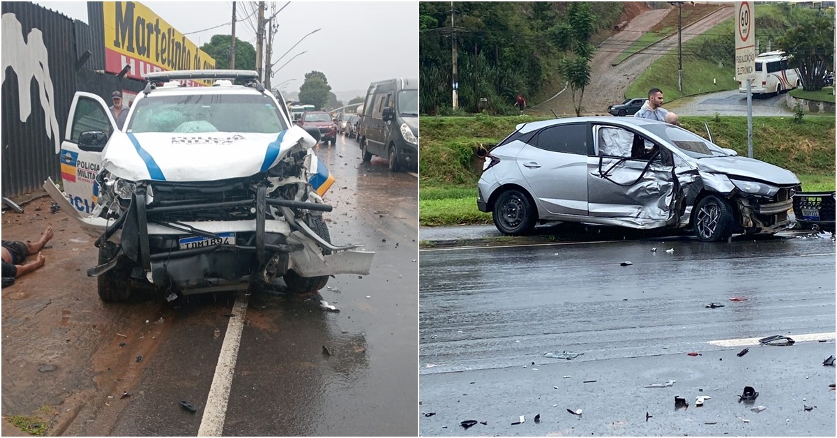 Acidente entre dois carros e viatura da PM deixa idosa gravemente ferida em Juiz de Fora