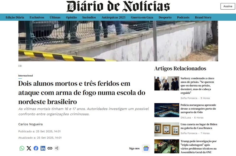 Reportagem do jornal 'Diário de Notícias', de Portugal, sobre o ataque a tiros em uma escola em Sobral, no interior do Ceará, em 25 de setembro de 2025. — Foto: Reprodução