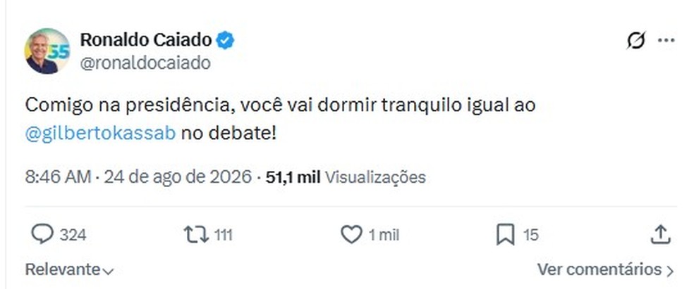 Ronaldo Caiado ironiza ronco do vice de chapa em debate da TV neste domingo (24). — Foto: Reprodução/Redes Sociais