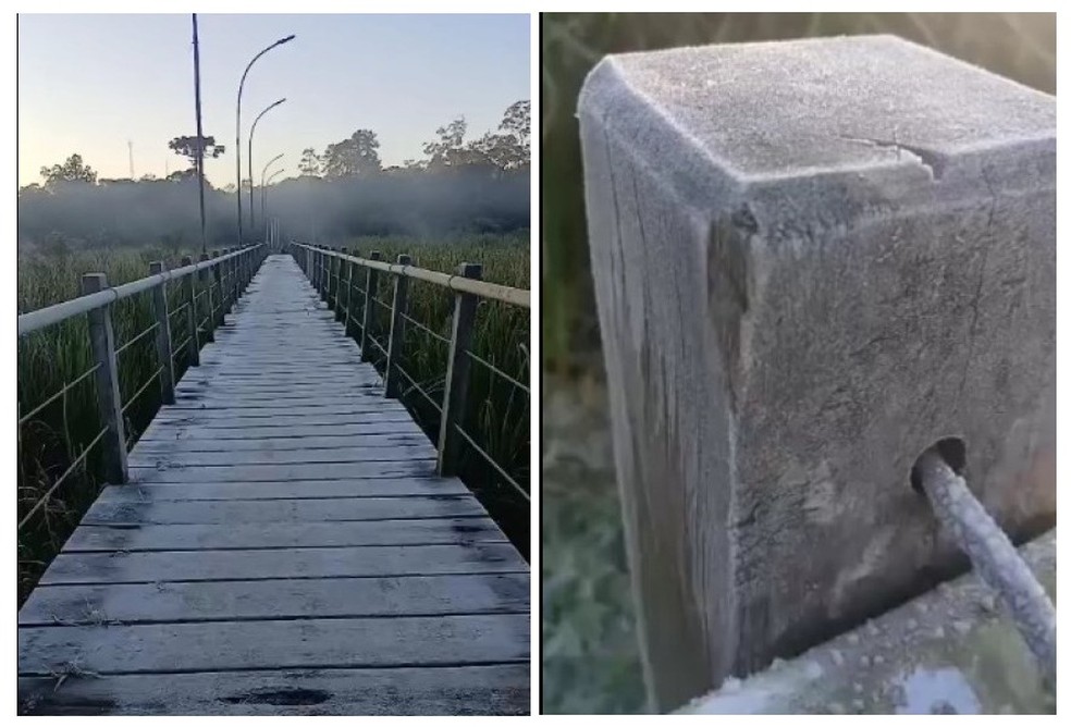 Ponte coberta de geada em Parelheiros, Zona Sul de São Paulo, na manhã desta quarta (25). — Foto: Reprodução