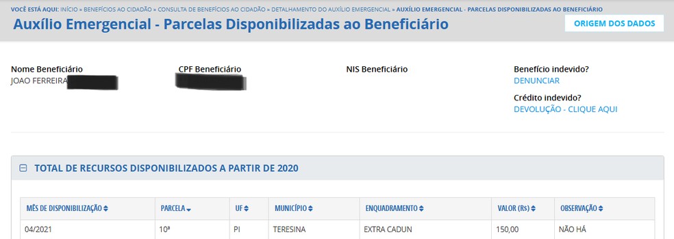 Procurado pela Justiça recebeu auxílio emergencial durante o período de fuga, o que permitiu a identificação dele em outro estado — Foto: Transparência/GOVBR