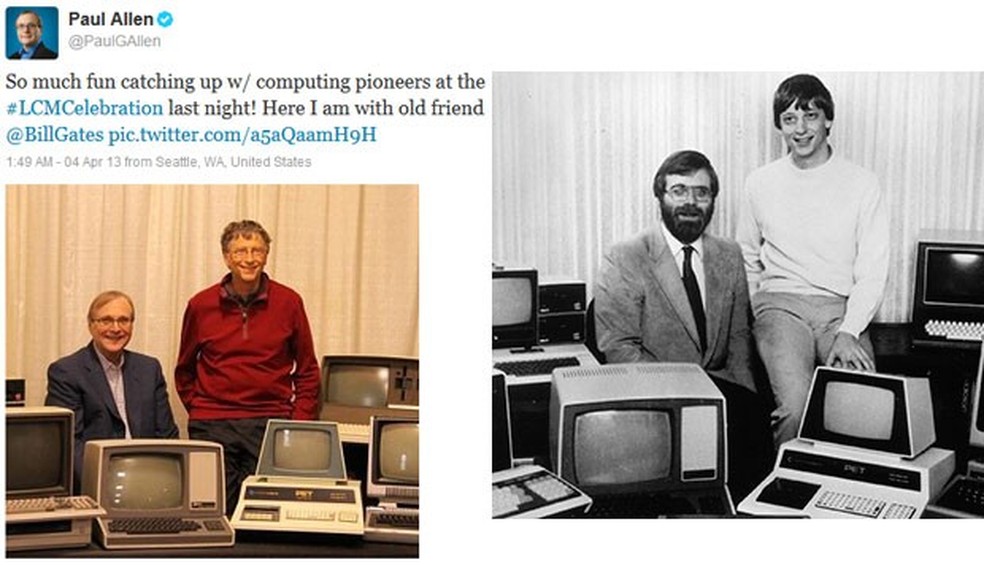 Paul Allen e Bill Gates, fundadores da Microsoft, recriaram clássica foto de 1981 em 2013 — Foto: Reprodução/Twitter