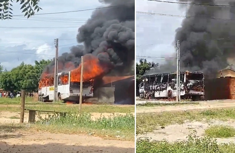 Ônibus escolar pega fogo próximo à rede elétrica em Cajueiro da Praia, no PI; veja vídeo