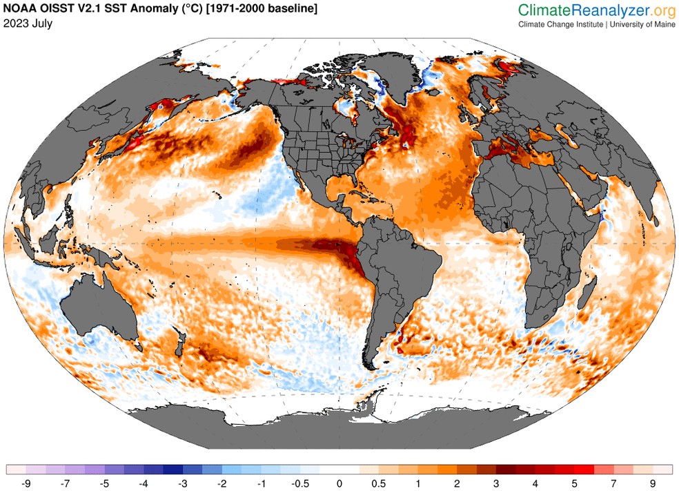 O El Niño vem se mostrando bastante intenso em 2023, em especial na região central do Oceano Pacífico. — Foto: Climate Reanalyzer/NOAA