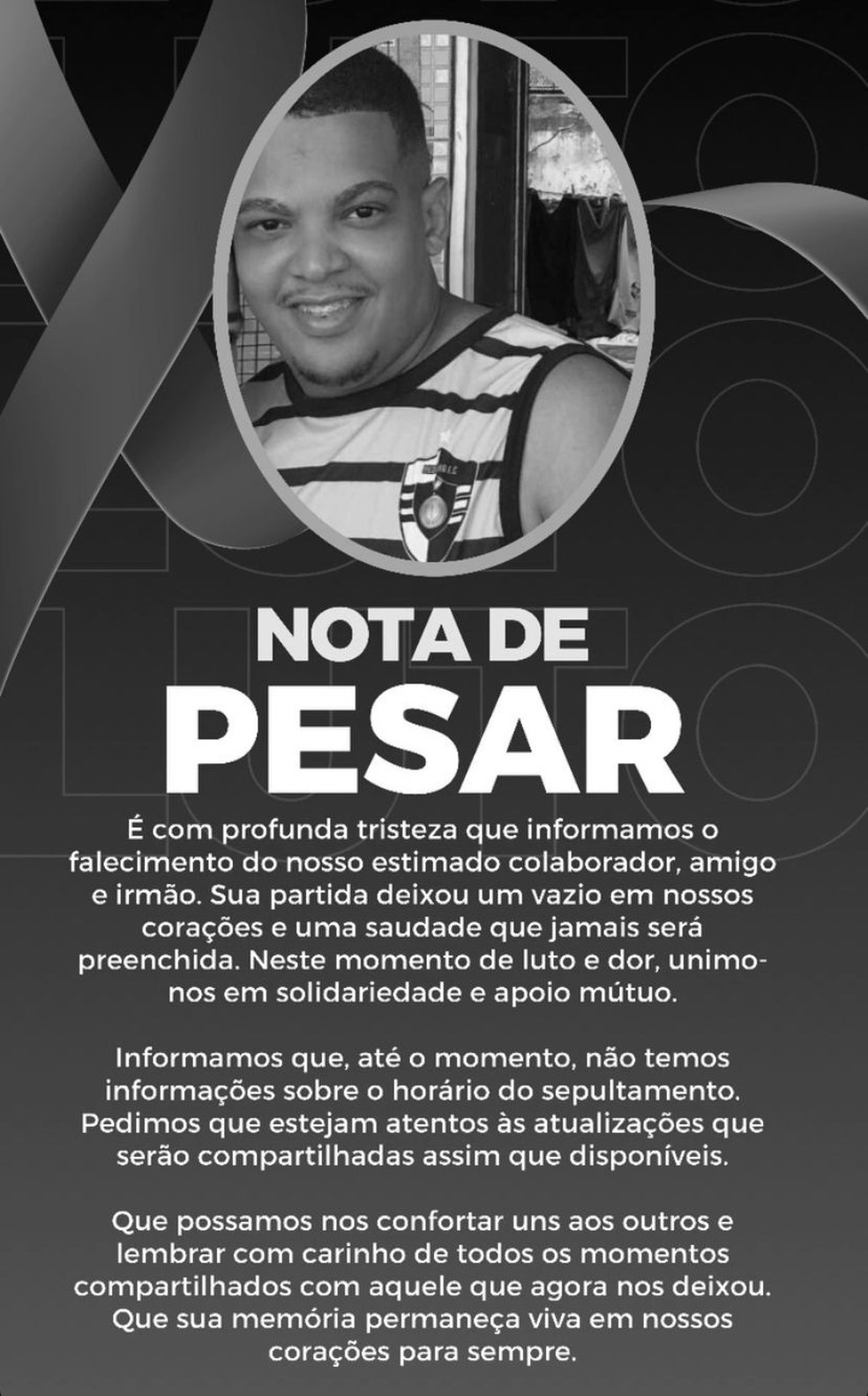 Pizzaria emitiu nota de pesar sobre falecimento de funcionário em Salvador — Foto: Reprodução/Redes Sociais