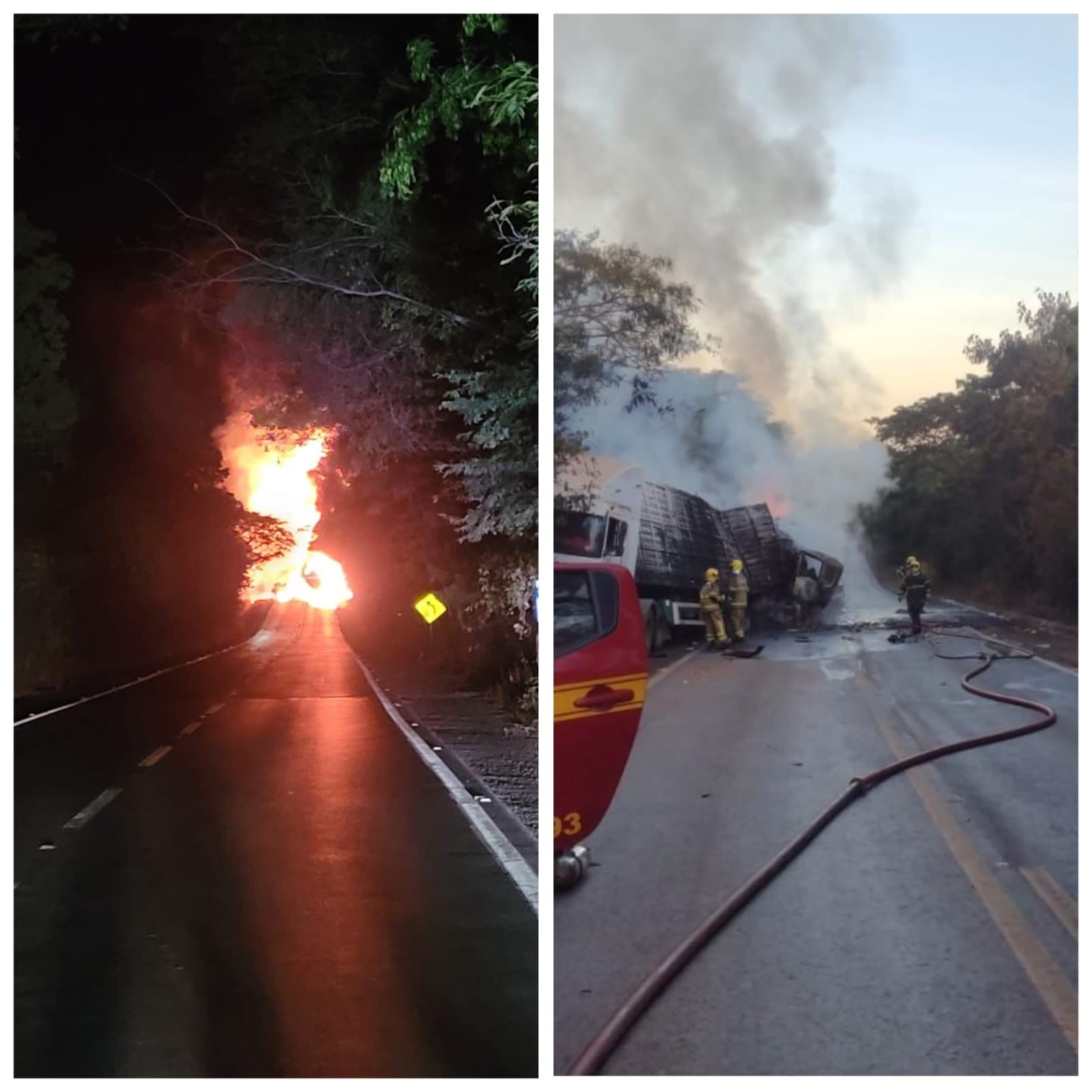 Carretas pegam fogo após acidente na BR-251 e motorista morre carbonizado