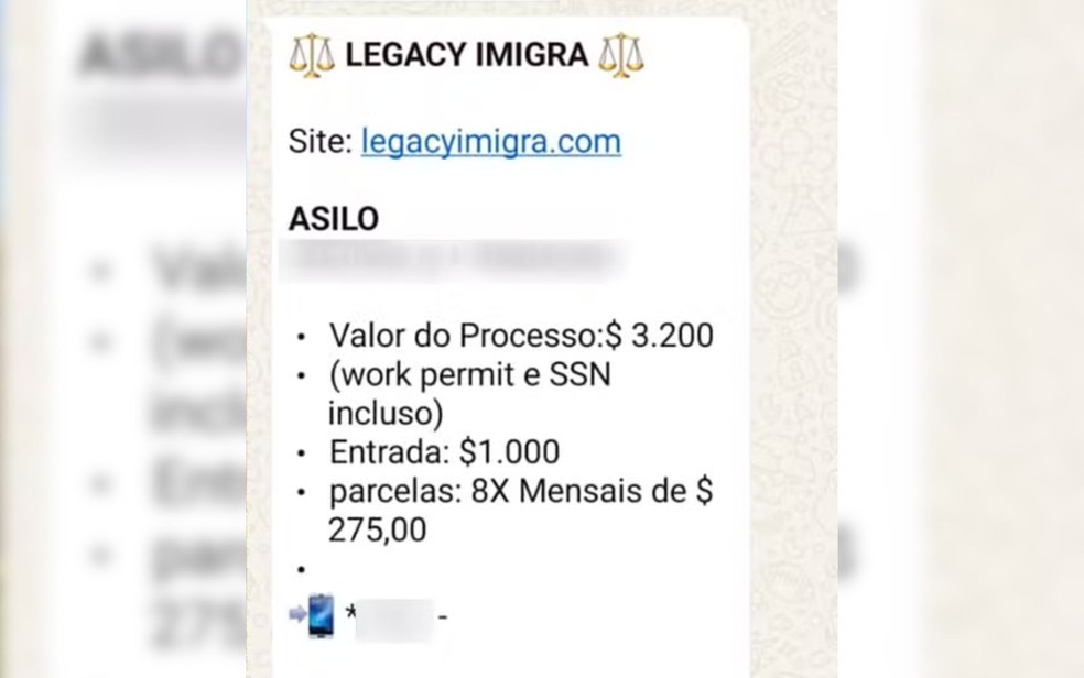 Print enviado pela Legacy Imigra para goiana que sofreu golpe — Foto: Reprodução