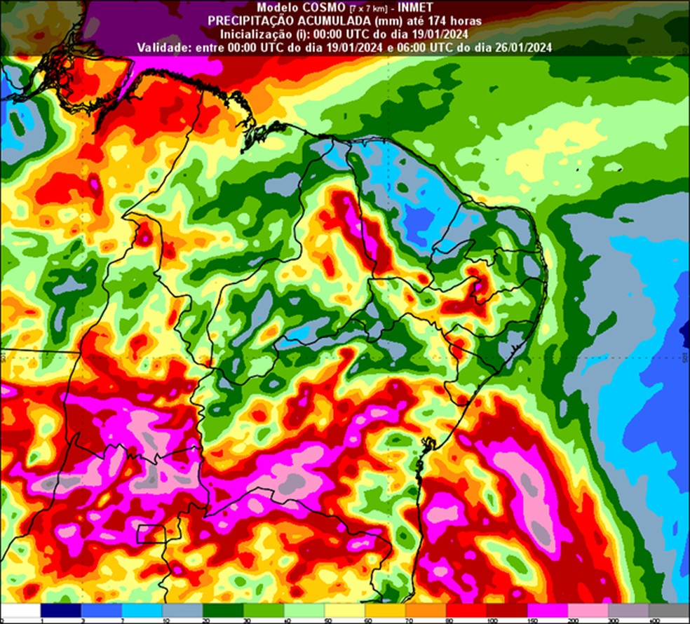 Mapa mostra o acumulado de chuvas previsto para o Nordeste até sexta-feira (26). — Foto: INMET