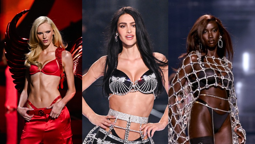 Alex Consani, Amelia Gray e Anok Yai no Victoria's Secret Fashion Show — Foto: Evan Agostini/Invision/AP/Dimitrios Kambouris/Getty Images for Victoria's Secret/AFP