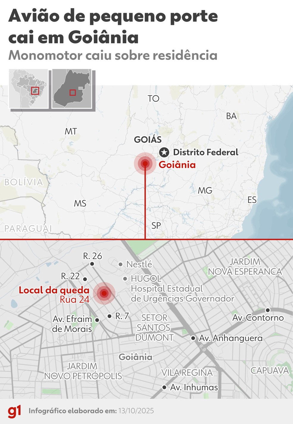 INFOGRÁFICO: veja onde avião caiu em Goiânia — Foto: Arte g1