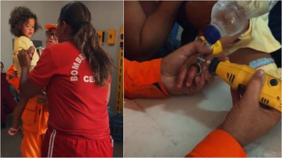 Bombeiros levam cerca de 1h para remover peça de aço presa no dedo de menina de 3 anos, em Sobral. — Foto: Corpo de Bombeiros/ Divulgação