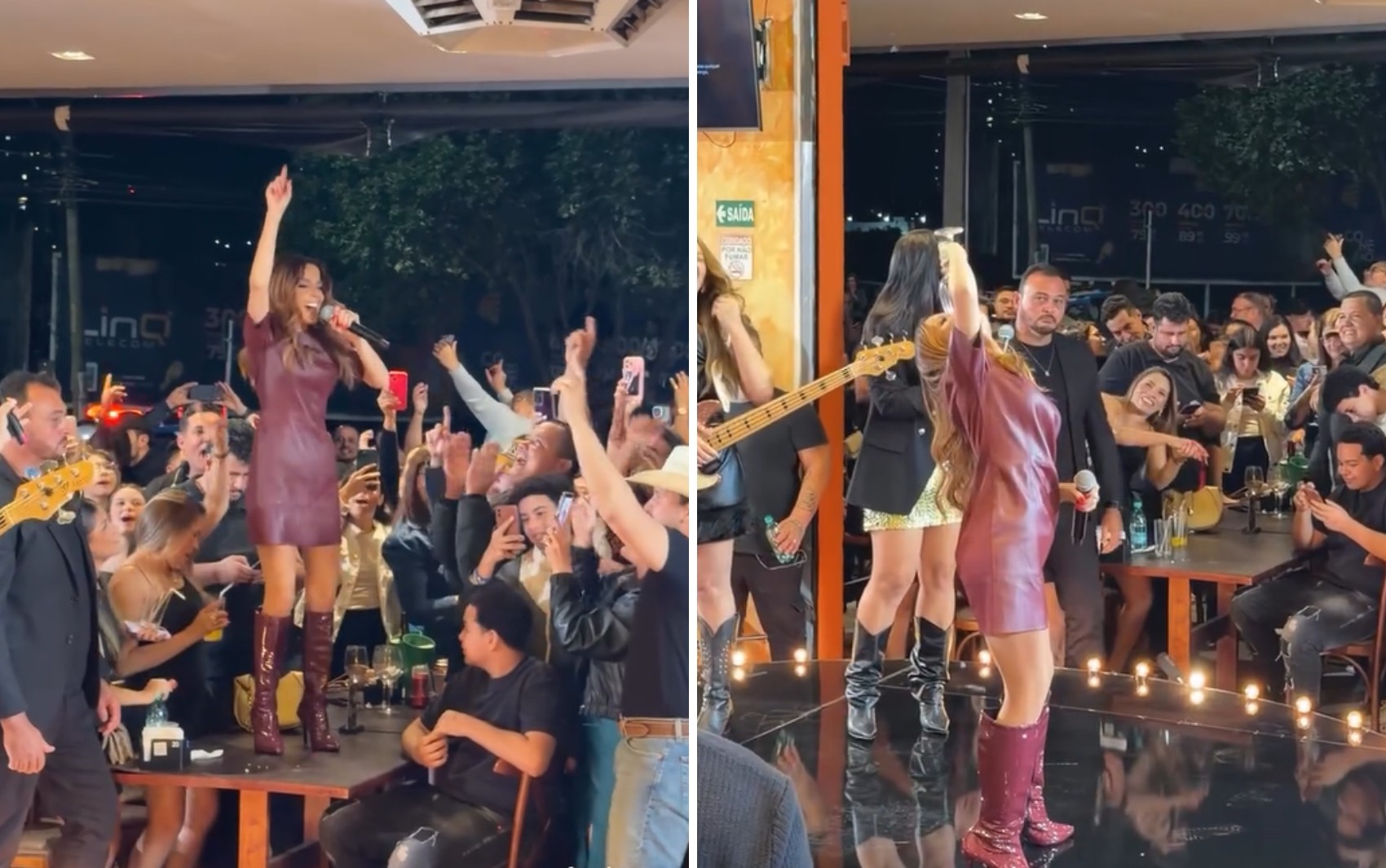 Maiara surpreende ao subir em mesa de bar para cantar e virar taça de vinho em Goiânia; vídeo