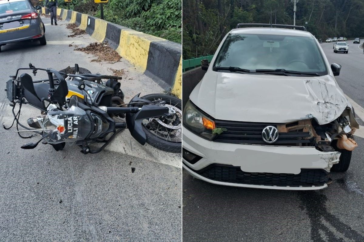 Carro atinge moto de PM após pneu estourar na rodovia Padre Manoel da Nóbrega, SP