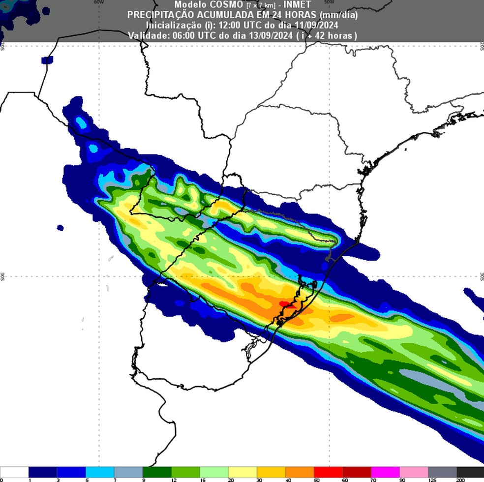 Rio Grande do Sul deve ter temporais com a chegada da nova frente fria. — Foto: Inmet