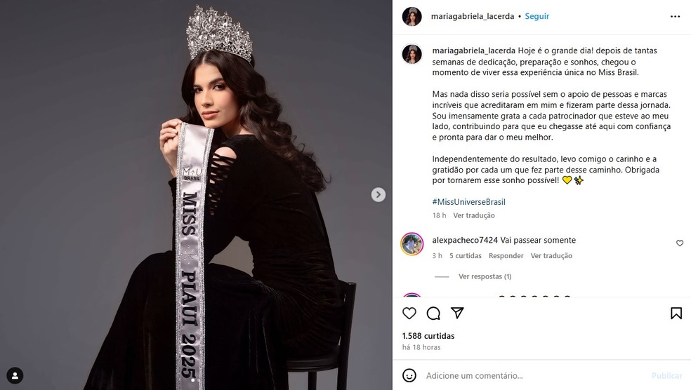 Miss Piauí vence concurso Miss Universe 2025 e vai representar o Brasil na Tailândia — Foto: Reprodução/Instagram