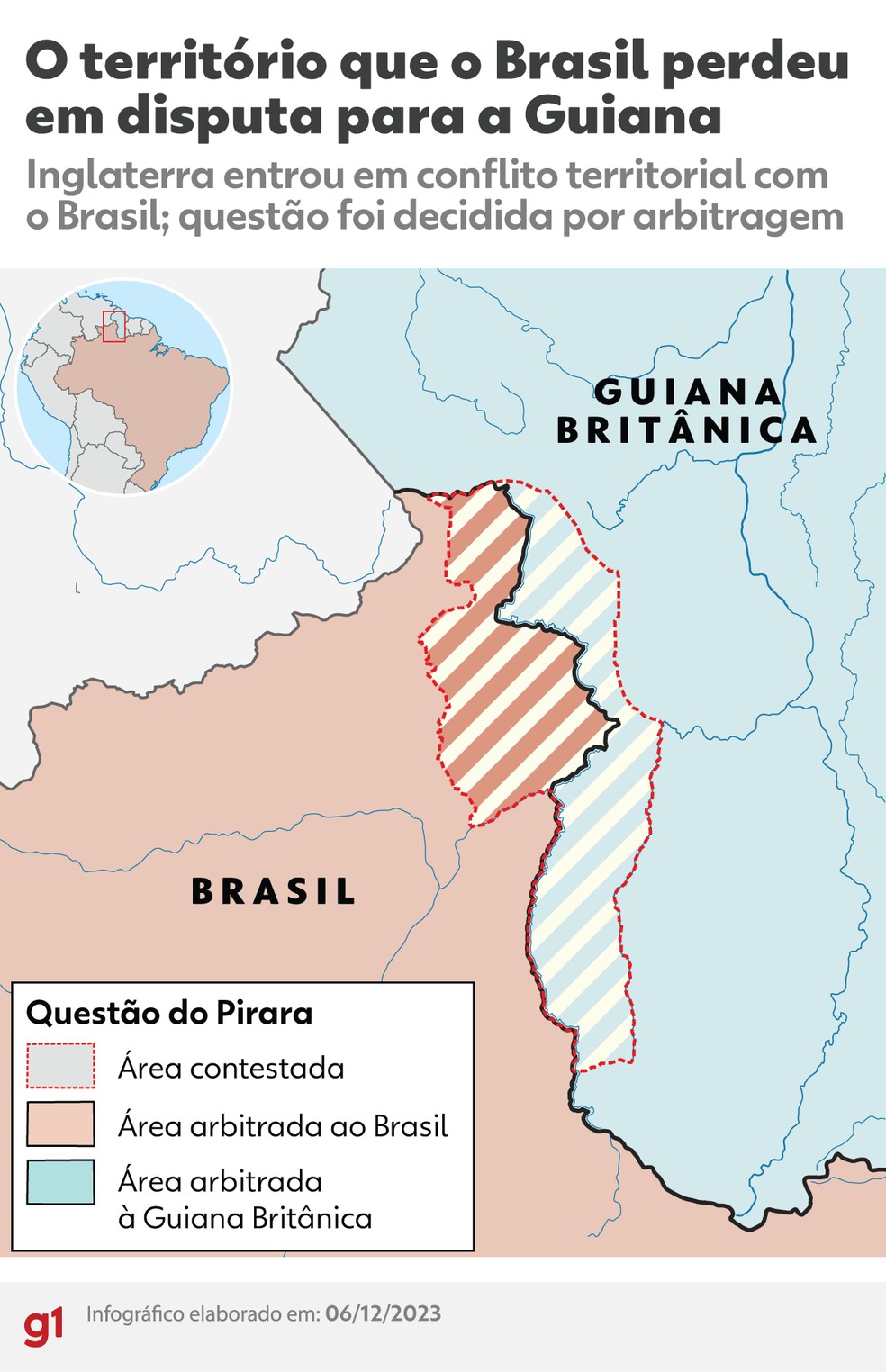 Mapa mostra região do litígio da Questão do Rio Pirara — Foto: arte/ g1