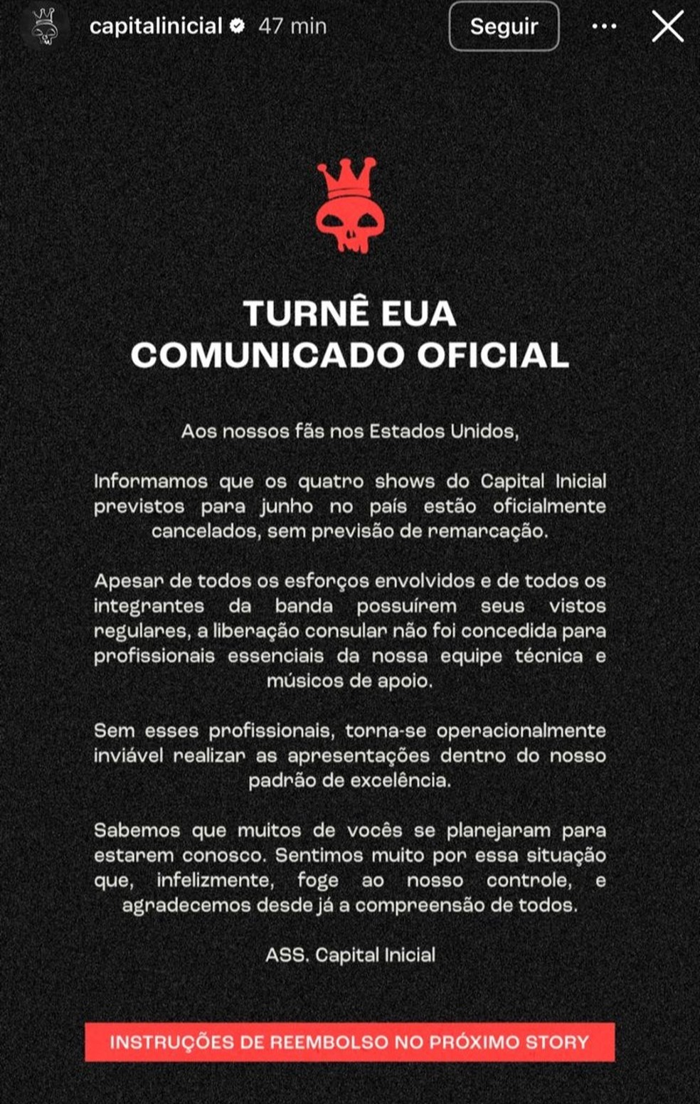 Capital Inicial cancela turnê nos EUA após negativa de liberação consular — Foto: Redes sociais