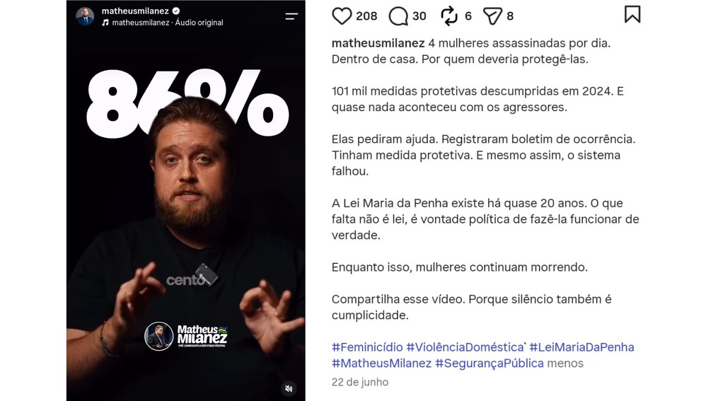 Em 22 de junho de 2026, Matheus Milanez publicou um vídeo e um texto falando sobre violência contra mulher e feminicídio — Foto: reprodução/redes sociais