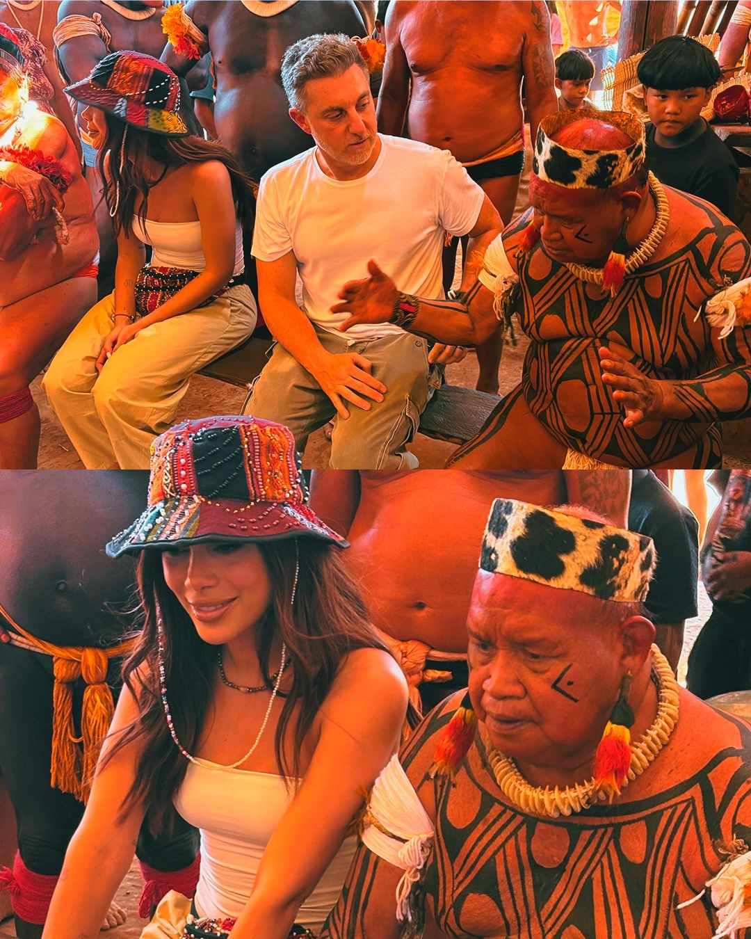 Anitta e Luciano Huck com o povo Kuikuro — Foto: Bob Kuikuro