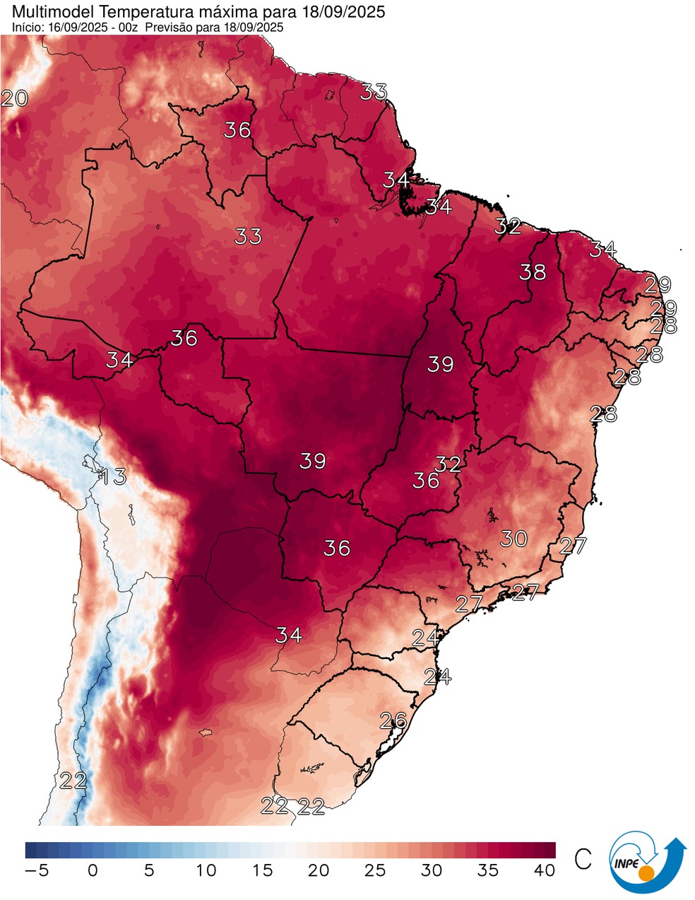 Mapa mostra previsão de temperatura máxima para esta quinta (18). — Foto: CPTEC/Inpe