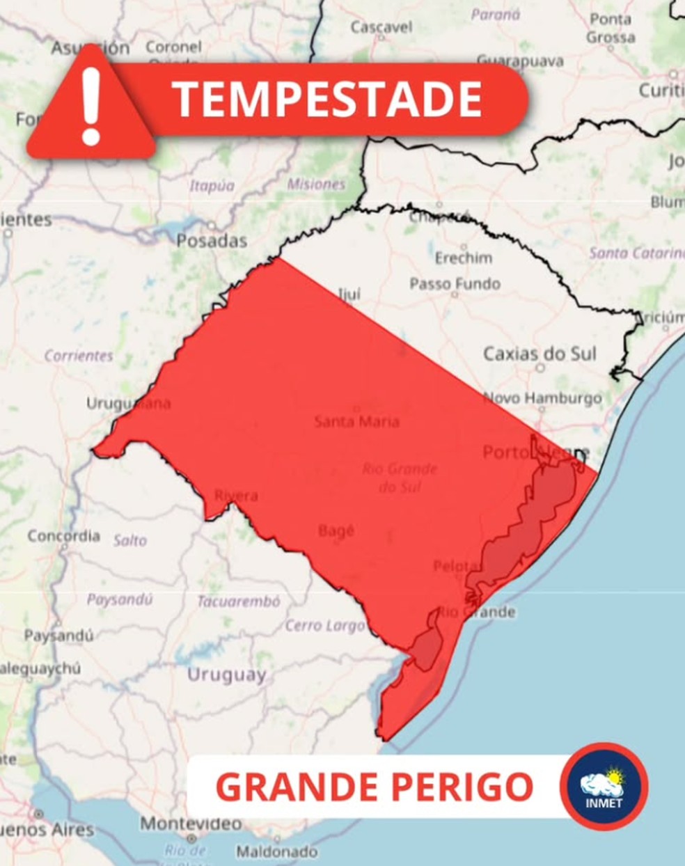 Aviso vermelho do Inmet de grande perigo para tempestade. — Foto: Inmet/Reprodução