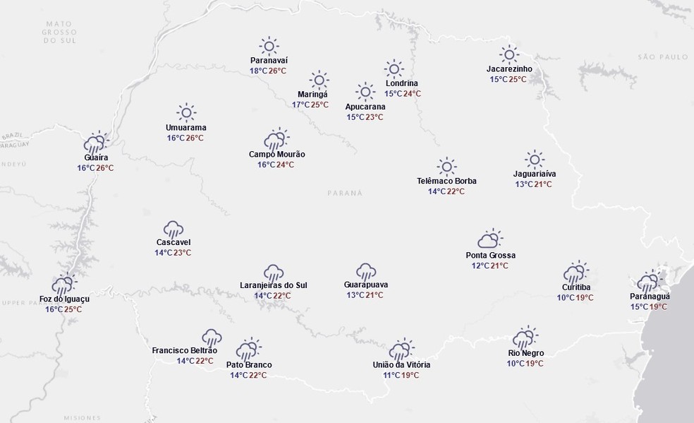 Previsão do tempo de sábado, 28 de junho — Foto: Reprodução/Simepar