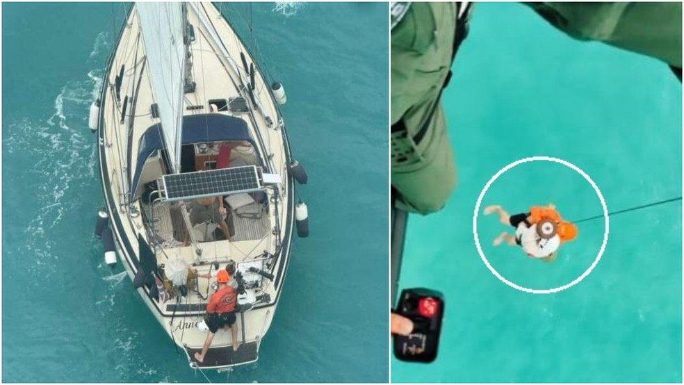 Mulher é resgatada de veleiro à deriva na Praia da Caponga, no litoral do Ceará. — Foto: SSPDS/ Divulgação