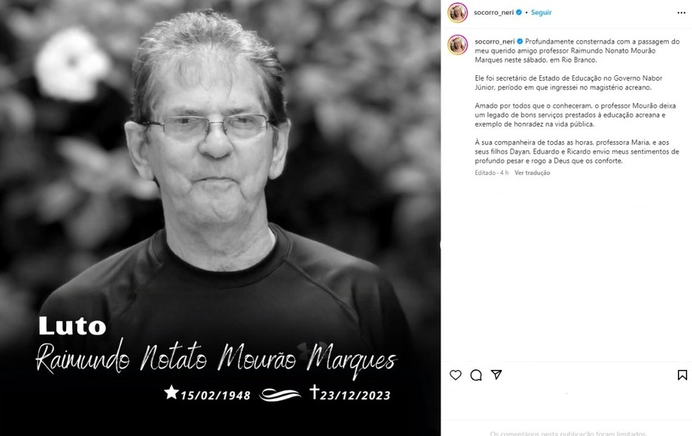 Deputada federal Socorro Neri lamentou a morte de Raimundo Nonato nas redes sociais neste domingo (24) — Foto: Reprodução