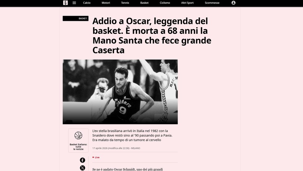 Gazzetta dello Sport, da Itália, relembra carreira de Oscar Schmidt — Foto: Reprodução
