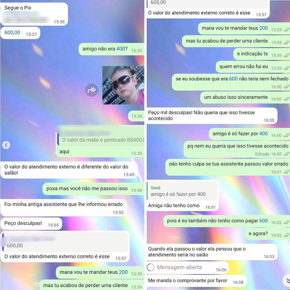 Print da conversa que repercutiu nas redes, em que maquiador cobra pelo serviço R$ 200 a mais que o orçamento — Foto: Reprodução