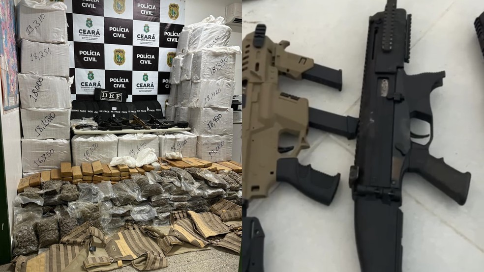 Tonelada de drogas e arsenal pesado encontrados em bunker no Ceará. — Foto: Divulgação/PCCE
