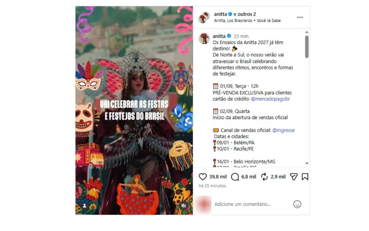 Após confirmar ensaio de verão em Salvador em 2027, Anitta divulga cidades onde evento vai acontecer sem capital baiana na lista