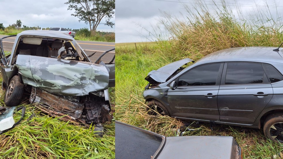 Veículos que se envolveram no acidente no início da tarde desta segunda-feira (18), na rodovia SP-543, em Fernandópolis (SP): um morreu e três ficaram gravemente feridos. — Foto: Polícia Rodoviária/Divulgação