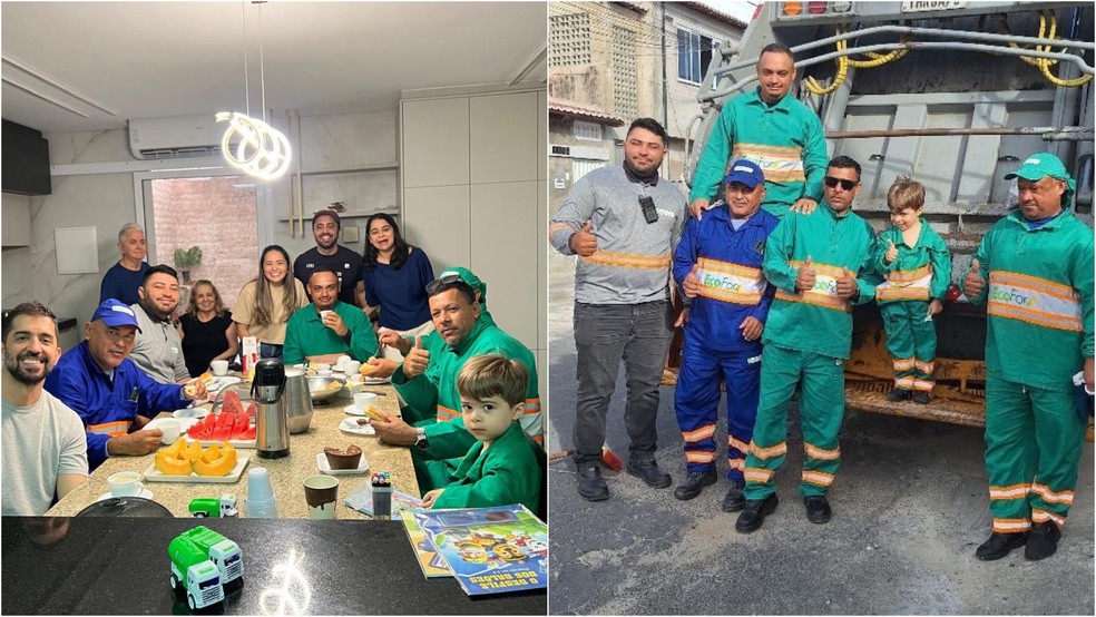Café da manhã com trabalhadores e momento de conhecer o caminhão do lixo fizeram parte do aniversário de José Pedro. — Foto: Arquivo Pessoal