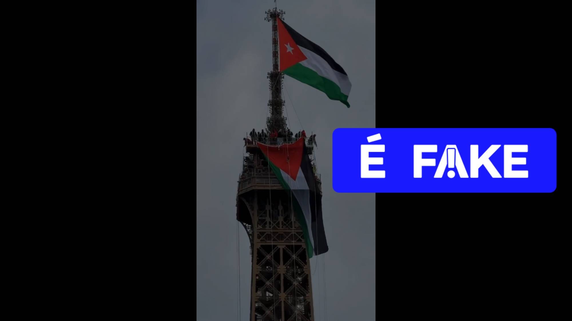 É #FAKE vídeo de bandeira da Palestina erguida no topo da Torre Eiffel; cena foi criada com IA