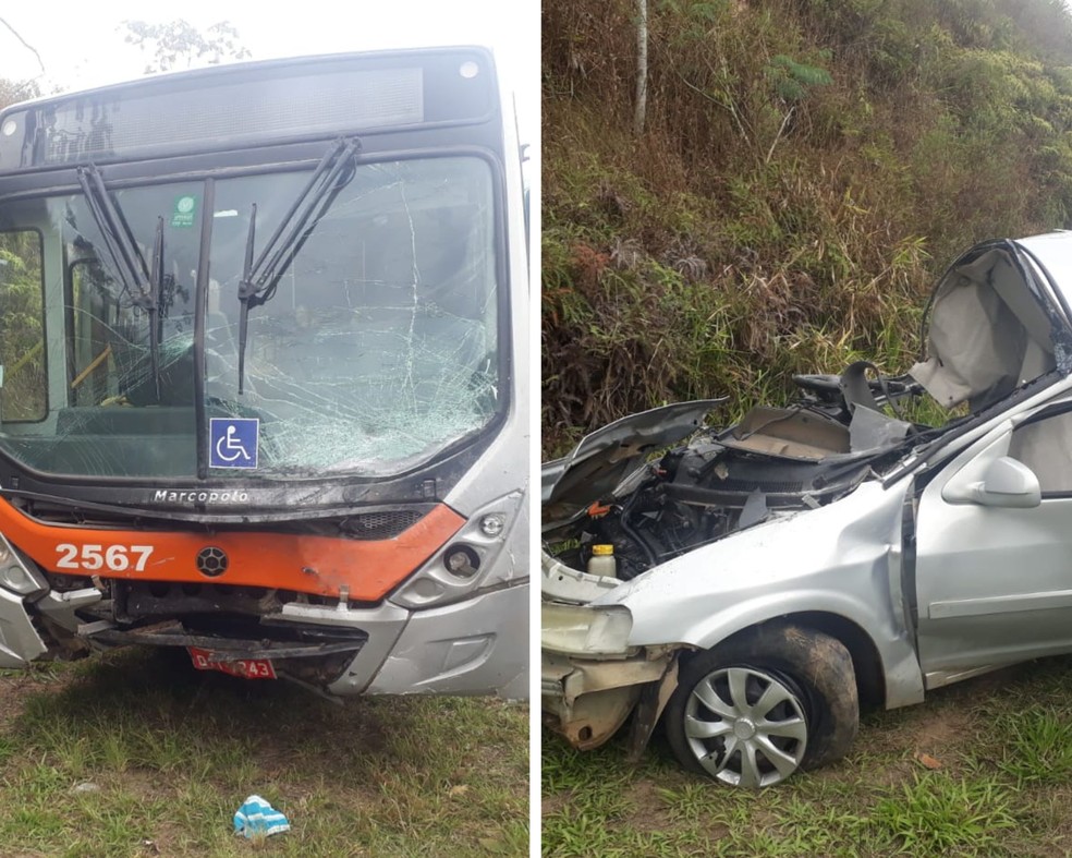 Mulher morre e criança fica ferida em acidente entre ônibus e carro na SP-50 em São José dos Campos — Foto: Andressa Lorenzetti/TV Vanguarda