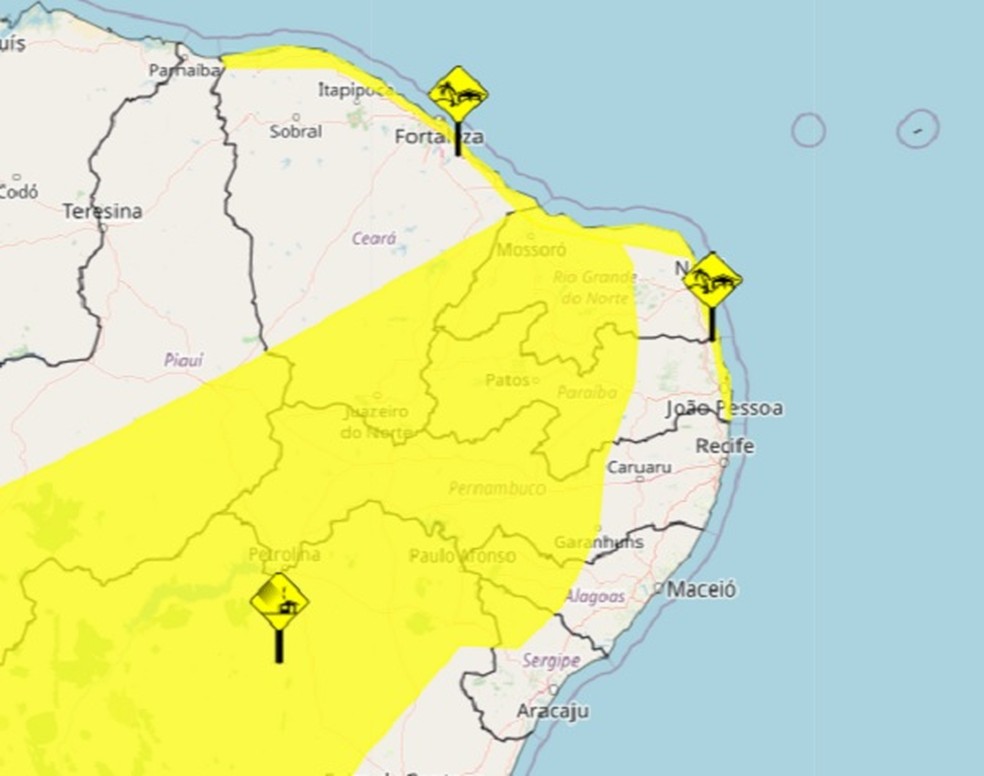 Cidades no alerta de vendaval e ventos costeiros no RN — Foto: Divulgação Inmet