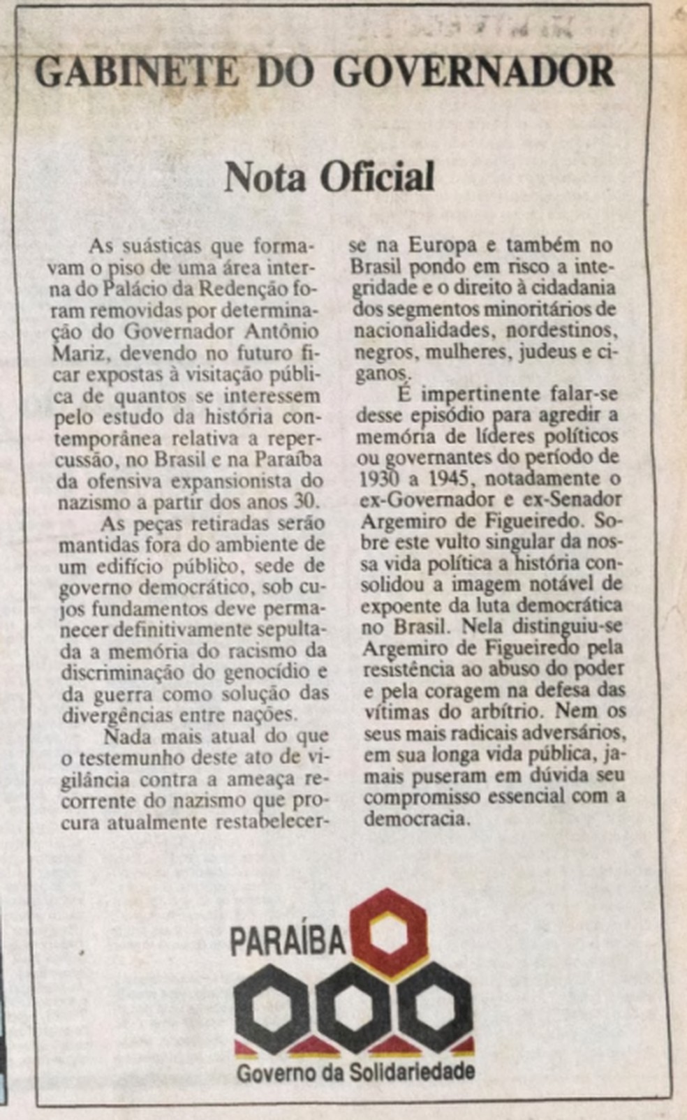 Nota do Gabinete do Governador divulgada no Jornal A União — Foto: Reprodução/Jornal A União