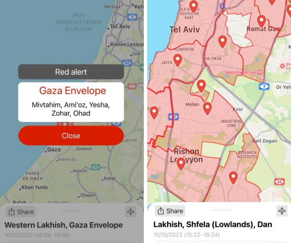 App Tzofar mostra alertas de ataques na região — Foto: Reprodução