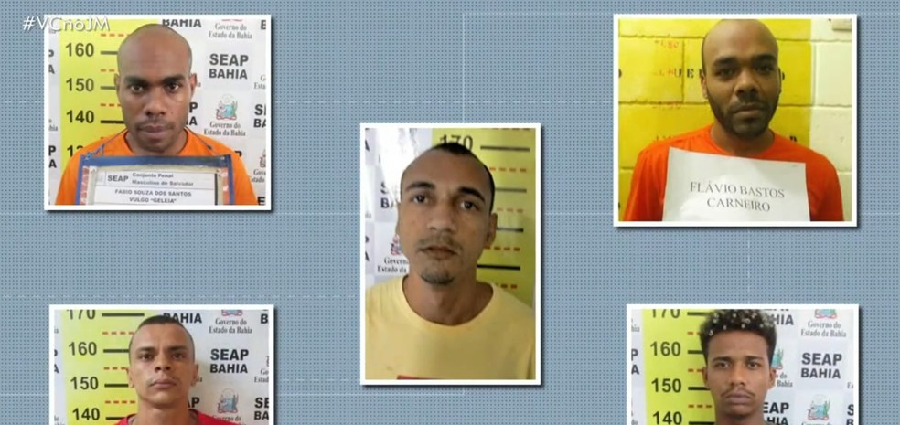 Os cinco foragidos são procurados pelas forças de segurança da Bahia — Foto: Reprodução/TV Bahia