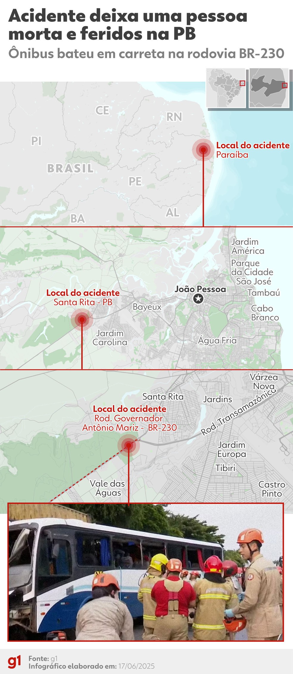 Veja o local do acidente entre ônibus e carreta na Paraíba — Foto: Arte/g1