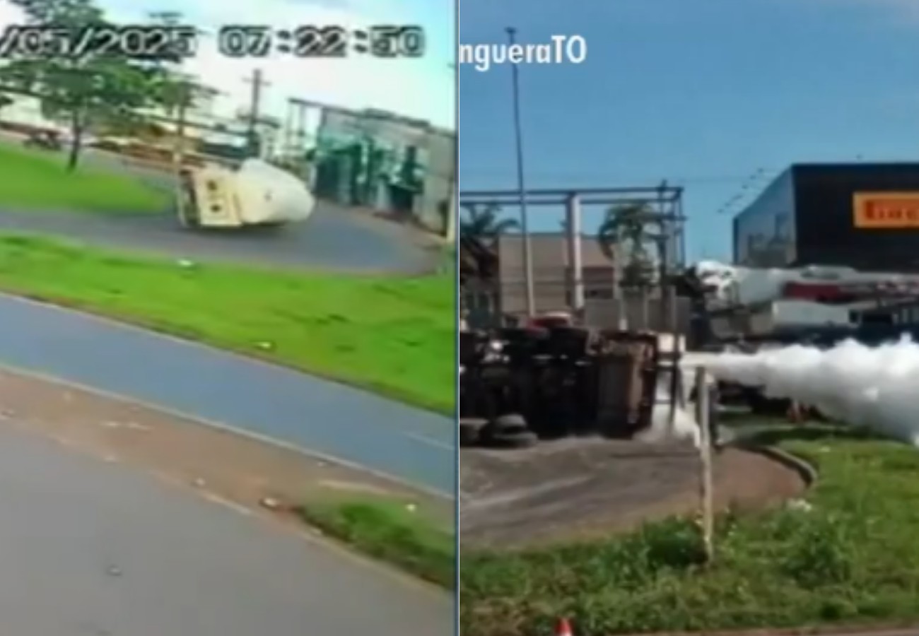 VÍDEO: Caminhão-tanque carregado com oxigênio tomba na BR-153 após motorista perder controle em rotatória
