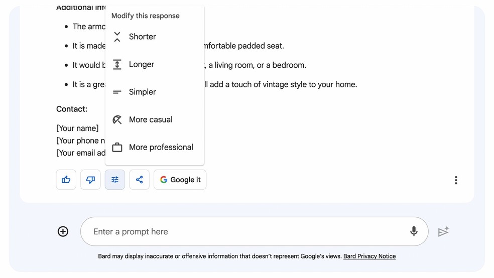 Versão em inglês do Google Bard permite escolher até cinco estilos de resposta — Foto: Divulgação/Google