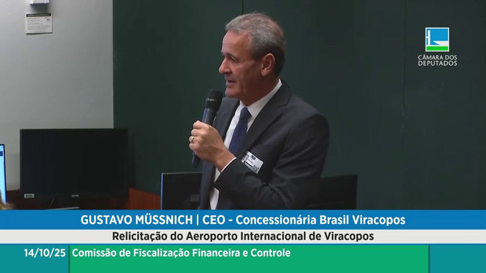 Gustavo Müssnich, CEO da Aeroportos Brasil Viracopos (ABV), participou de audiência pública na Câmara dos Deputados — Foto: Reprodução/YouTube