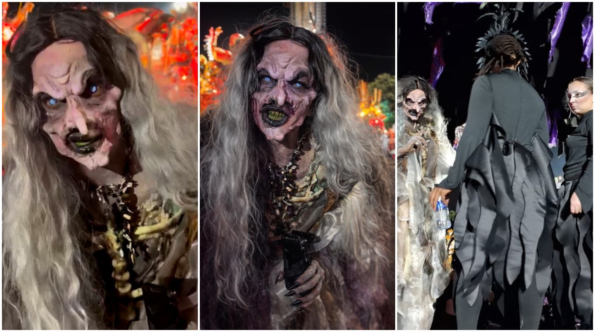 Ex-monstro do Hopi Hari, 'bruxa' da Colorado do Brás orienta bailarinos e deseja 'merda' antes de entrar na avenida em SP